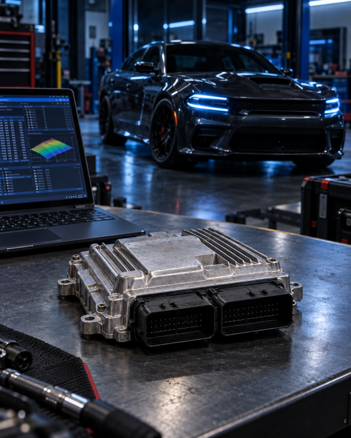 Dodge Charger beside ECU and PCM programming equipment used by MoPower Calibrations